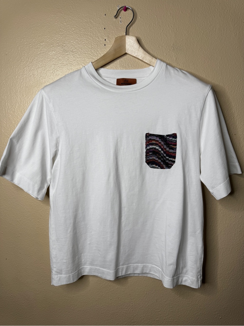 Missoni Shirt Women’s XL White Knit Zigzag Pocket Crewneck  Short Sleeve